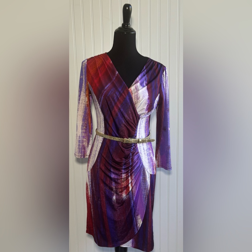 Dana Buchman Faux Wrap Dress Red Purple Rust Belt Size Small Artsy Whimsigoth